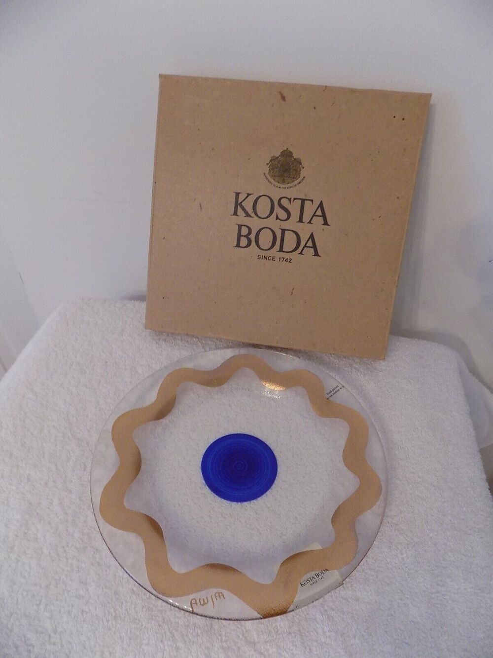Kosta Boda Glass Cosmos Blue Dot Dessert Plate Gold Rim Signed 8" NEW IN BOX